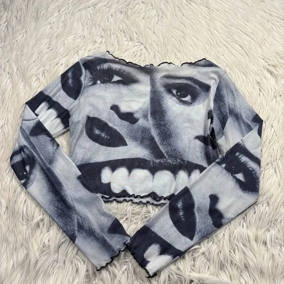 Unbranded Women's S Eye Face Print Cropped Mesh Top Lettuce Edge Artsy E-Girl - Picture 4 of 4